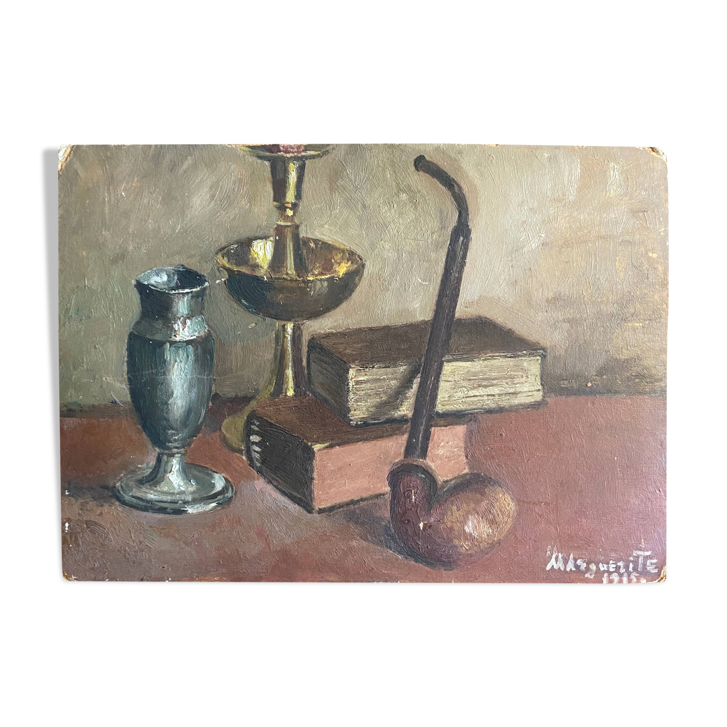 HSP painting "Still Life with Books" charming naïve school signed 1915