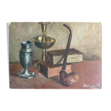 HSP painting "Still Life with Books" charming naïve school signed 1915