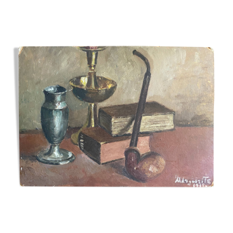 HSP painting "Still Life with Books" charming naïve school signed 1915