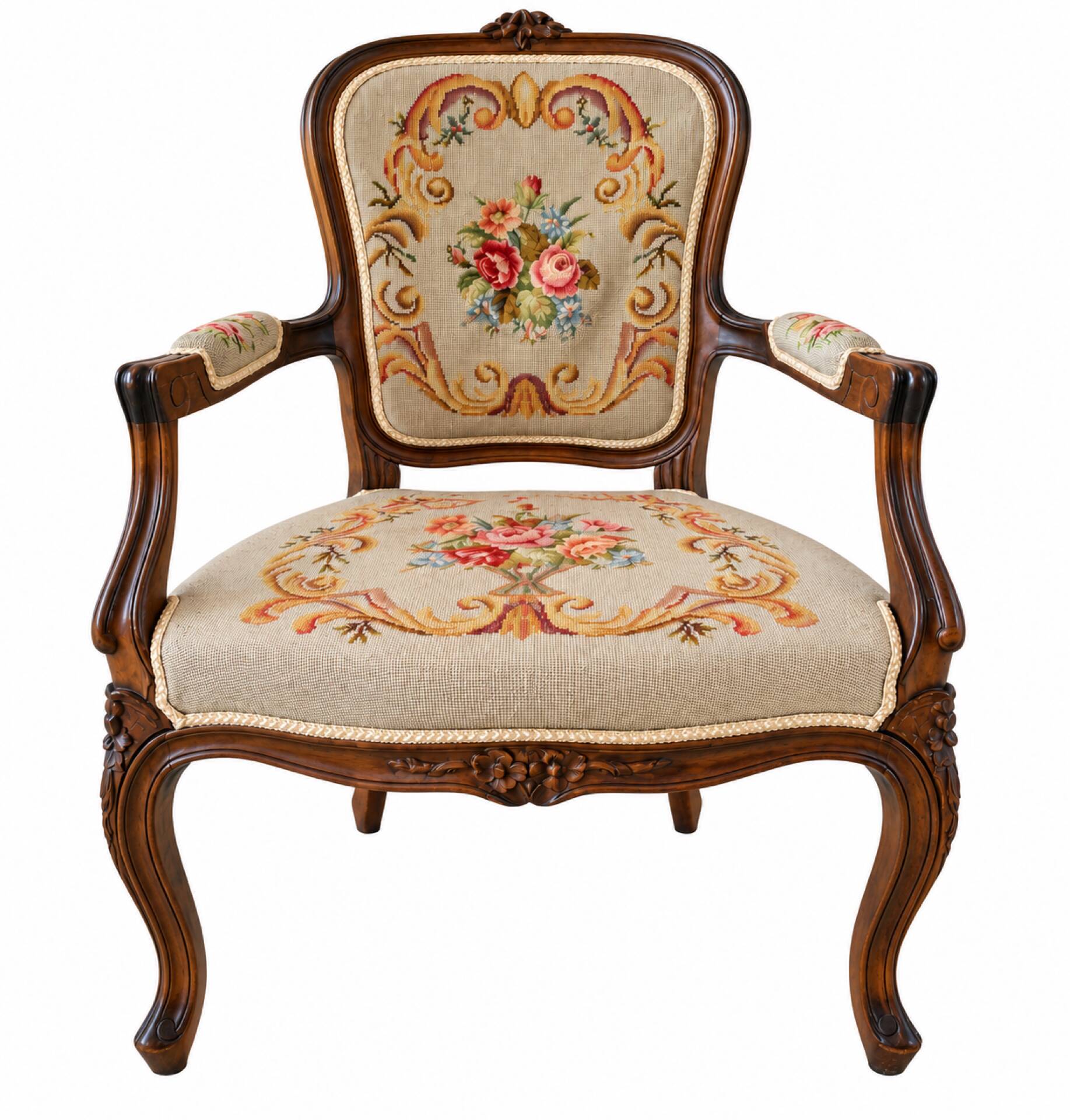 Louis XV style carved wooden armchair with floral needlepoint upholste