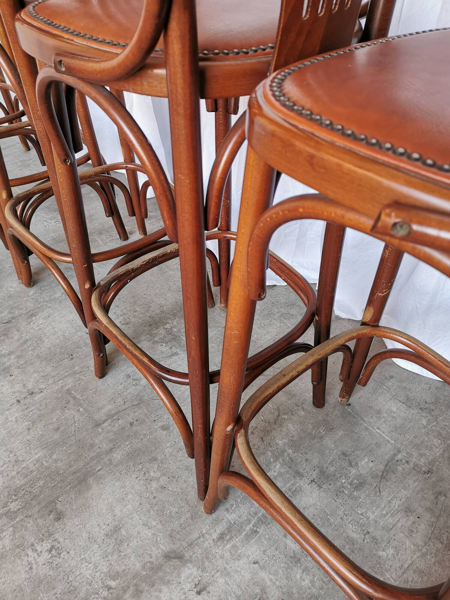 Set of 6 Vintage Bentwood Bar Stool Set: Brown Leather Seat, Nailhead Trim