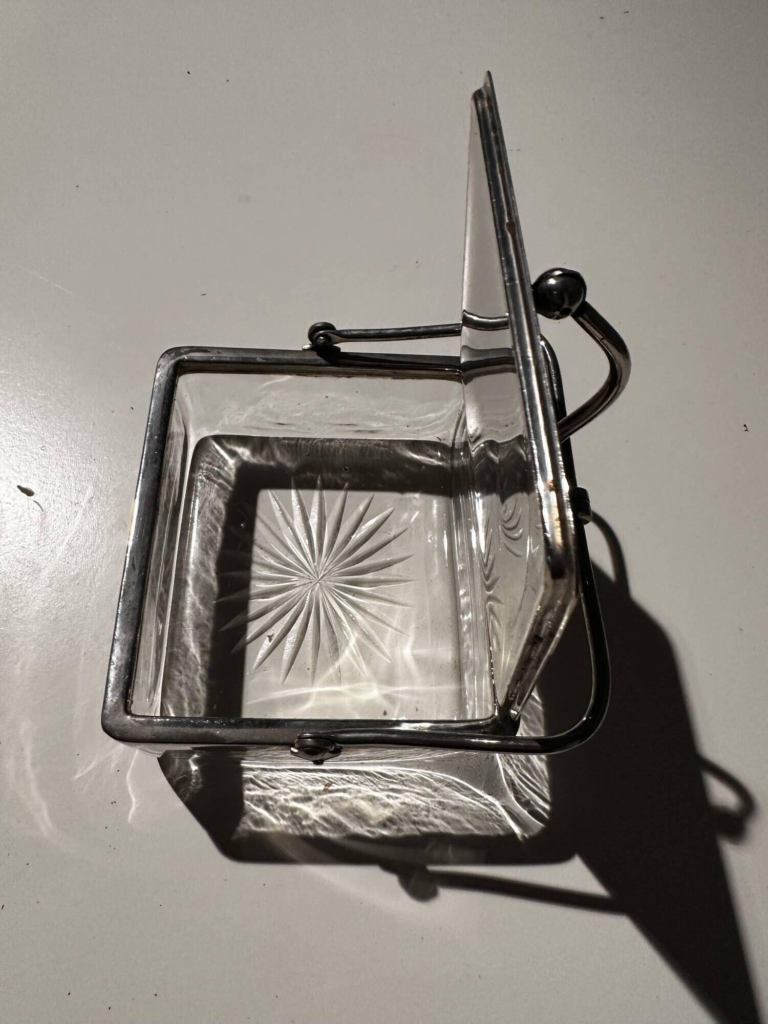 Art Deco Period Butter Dish, Silver Metal and Crystal - With Balance Wheel
