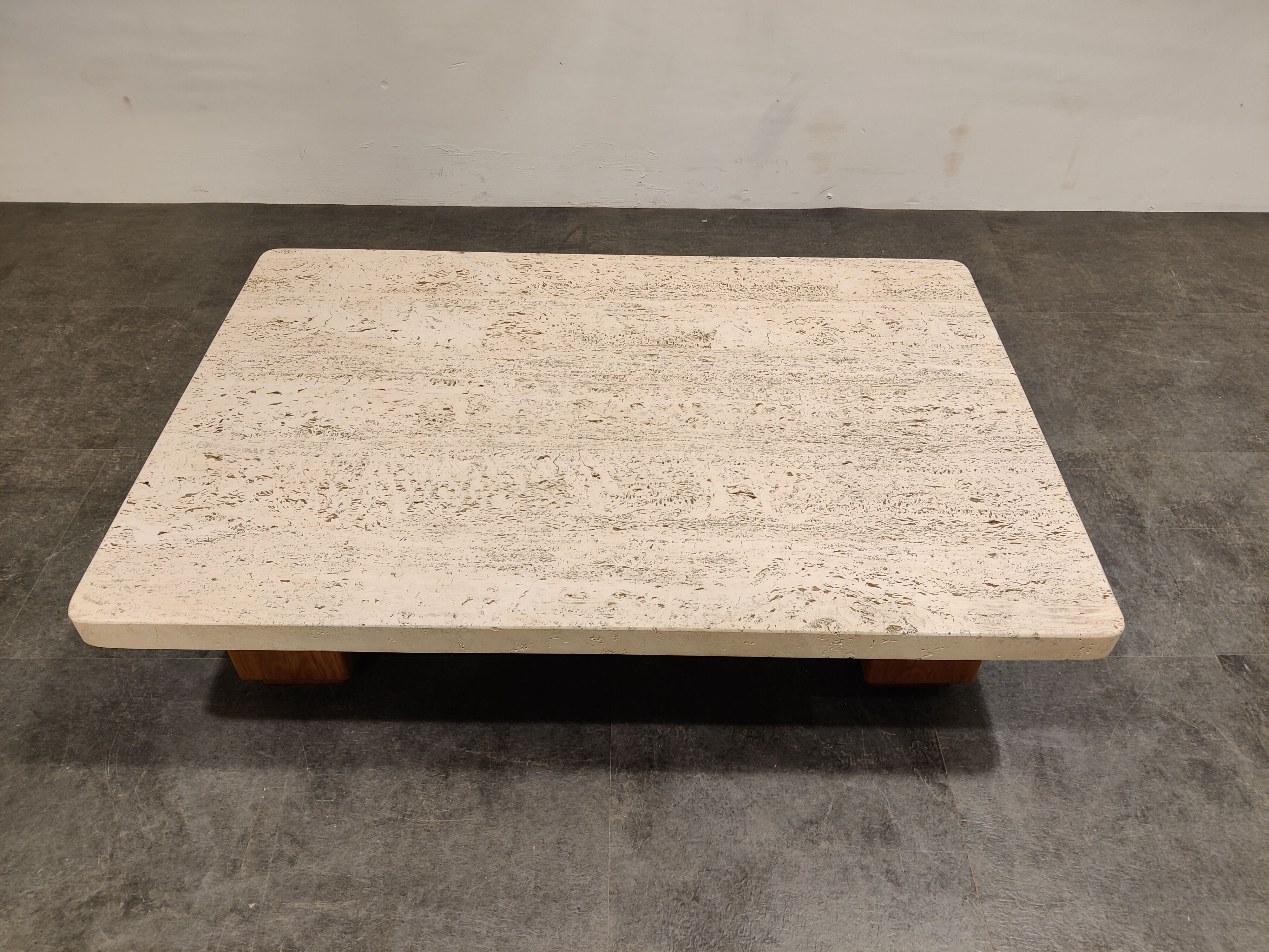 Vintage travertine and wooden coffee table, 1970s