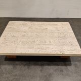 Vintage travertine and wooden coffee table, 1970s