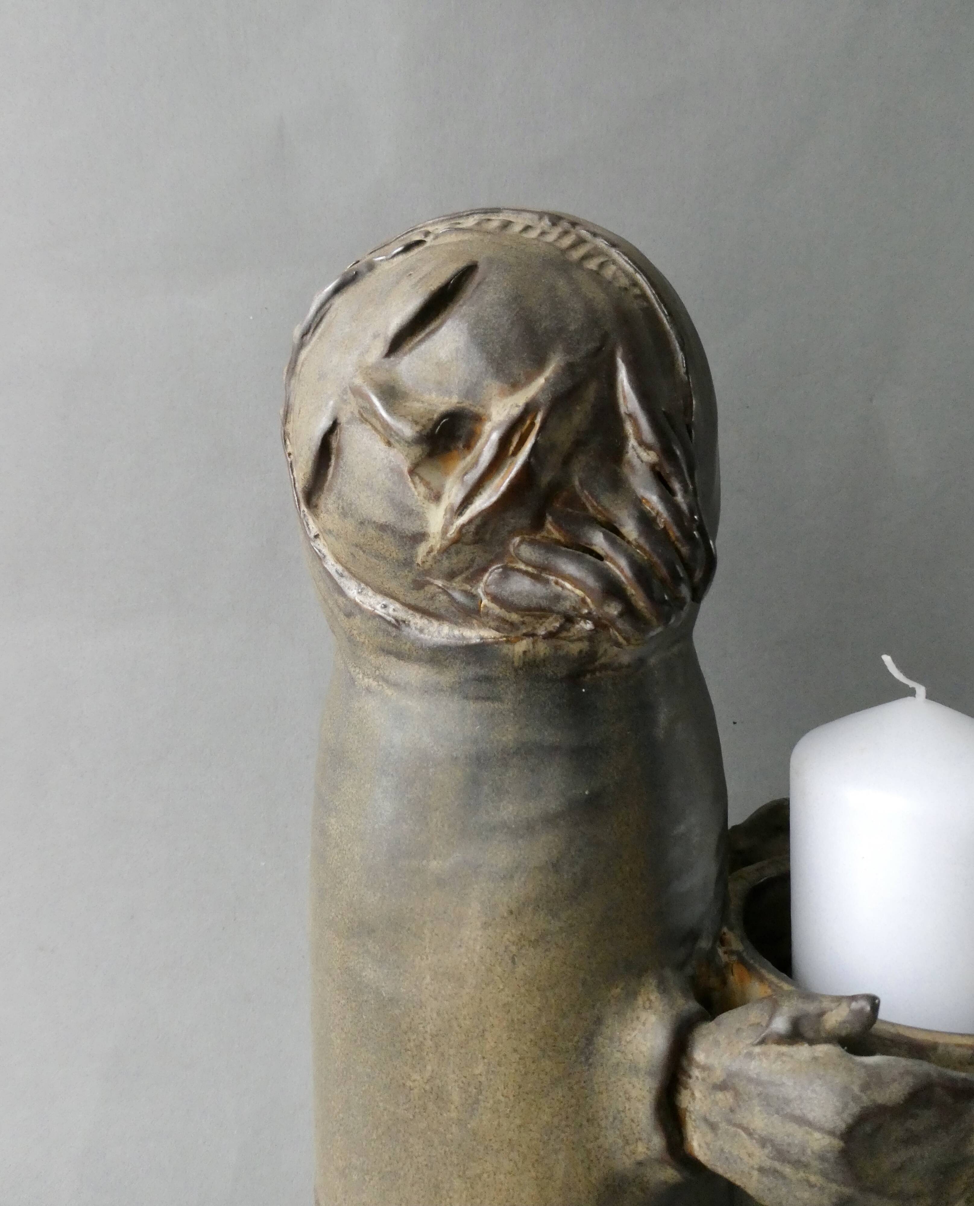 Large stoneware candlestick signed Denise Pointu, stoneware from Puisaye