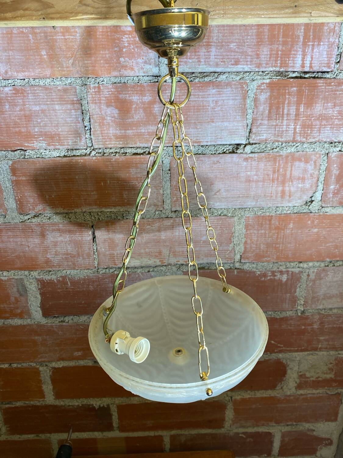 Antique Pendant Light Dome Molded Glass + Vintage Gold Metal