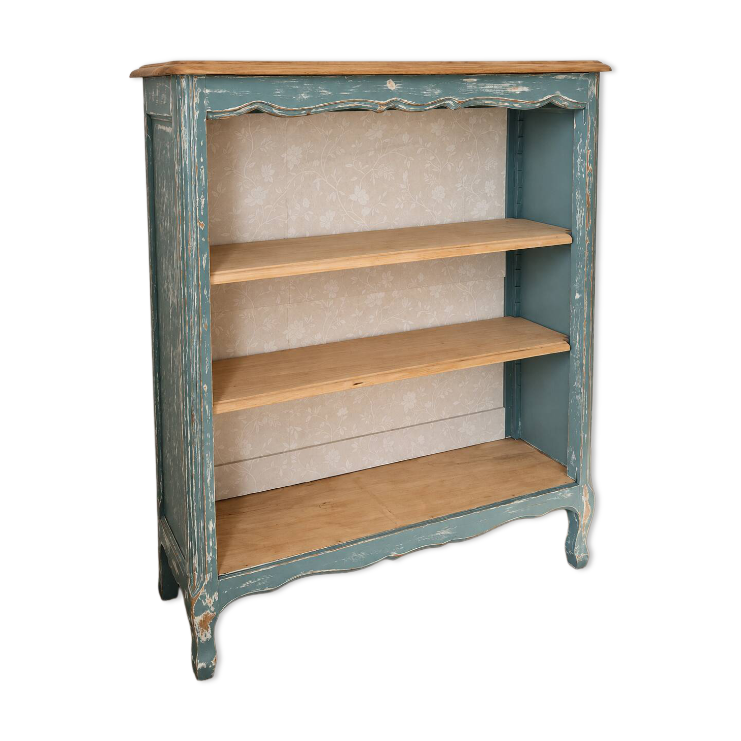 Antique wooden bookshelf with a patinated blue-green finish.