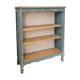 Antique wooden bookshelf with a patinated blue-green finish.