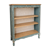 Antique wooden bookshelf with a patinated blue-green finish.