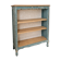 Antique wooden bookshelf with a patinated blue-green finish.