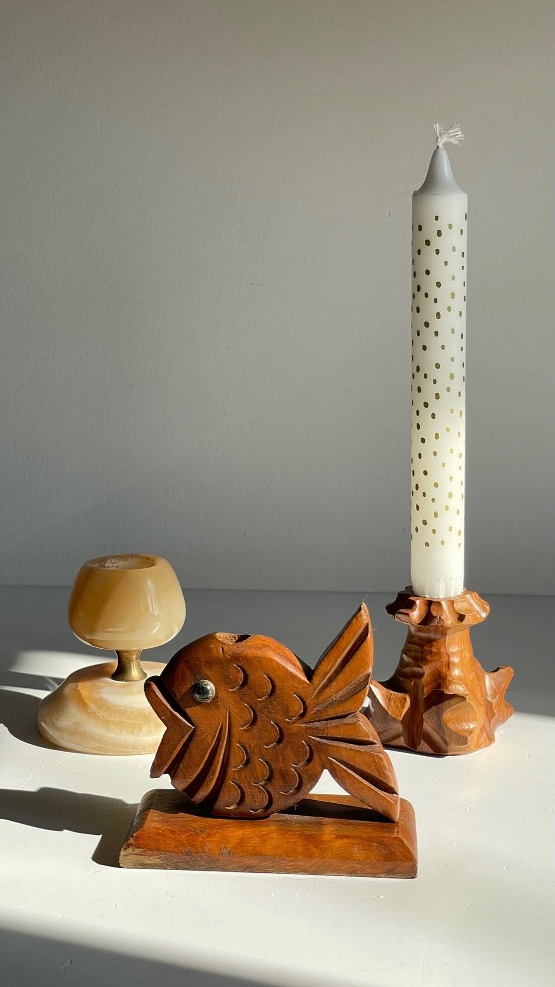 Trio of vintage wood and onyx candle holders
