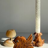 Trio of vintage wood and onyx candle holders