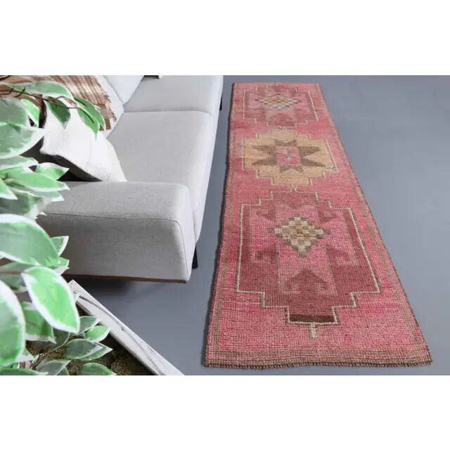Vintage Turkish hand-knotted wool cotton pink runner rug 92x290