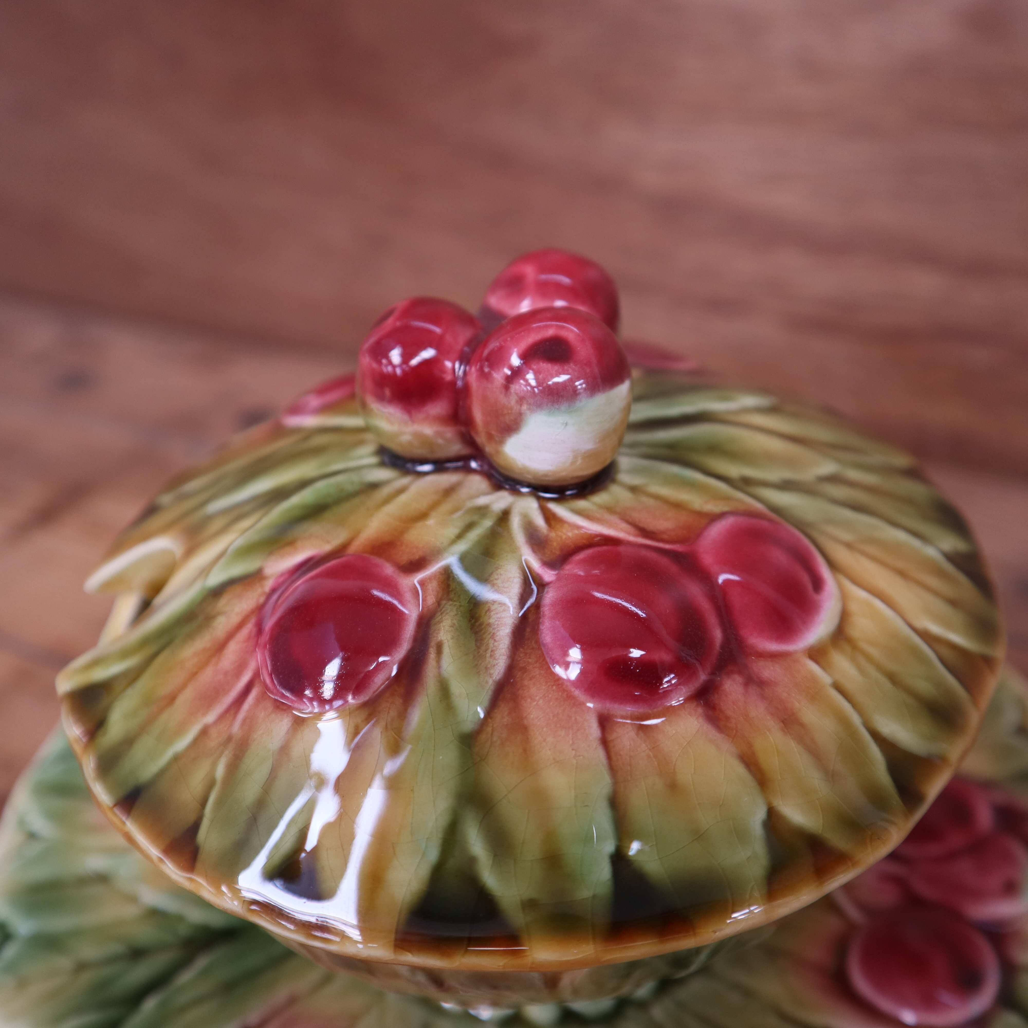 Sarreguemines 1940 cherry slip sauceboat/jam pot