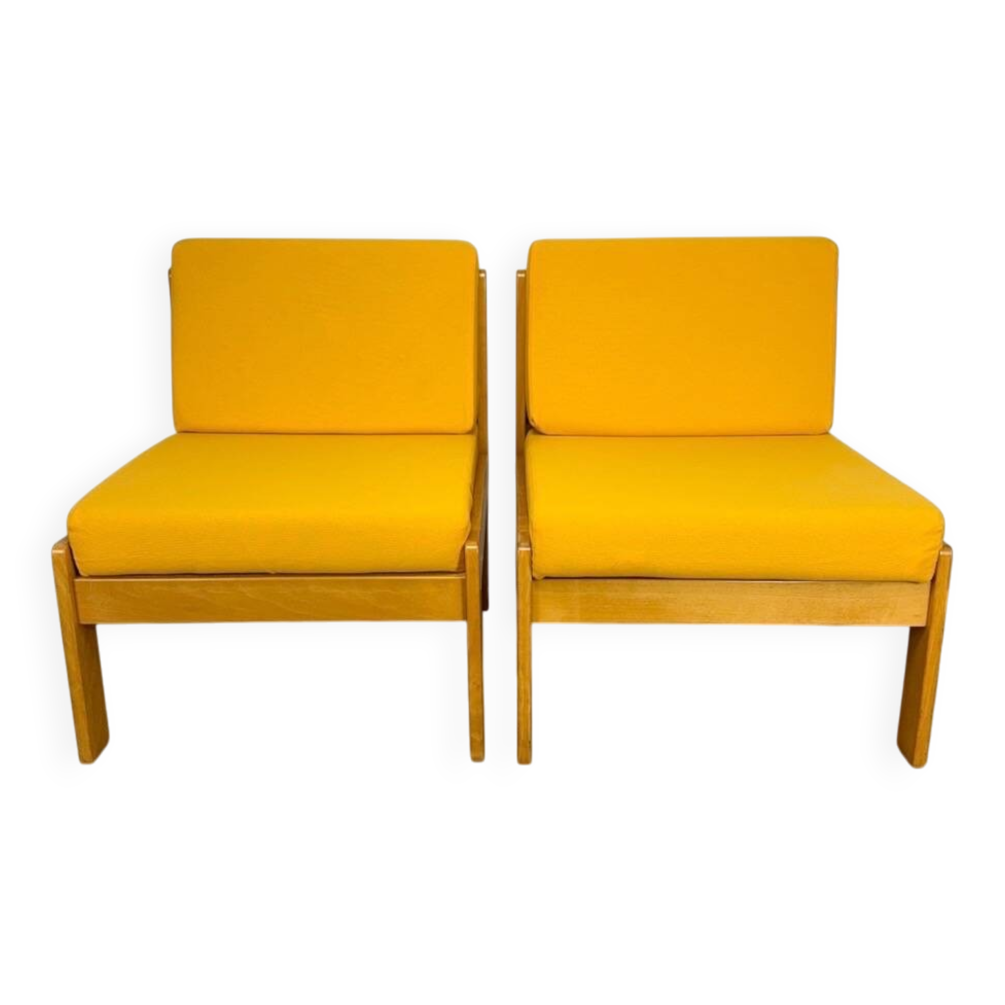 Pair of vintage Scandinavian armchairs in pine and fabric.
