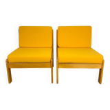 Pair of vintage Scandinavian armchairs in pine and fabric.