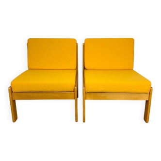 Pair of vintage Scandinavian armchairs in pine and fabric.