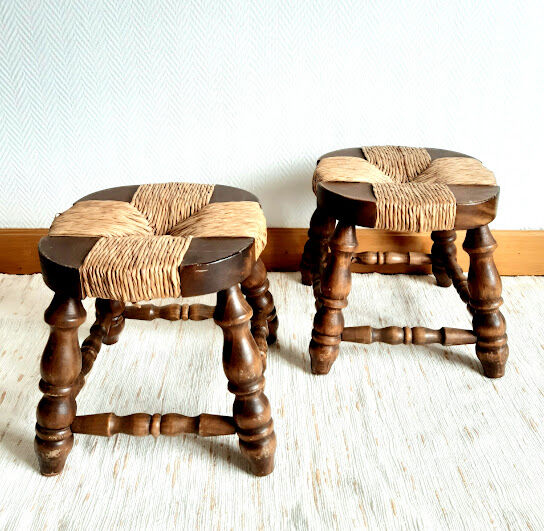 Pair of wood and straw fireplace stools 1950