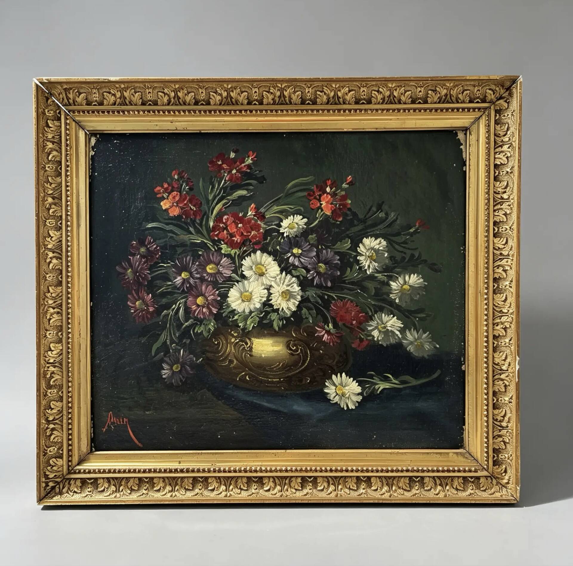 Old oil painting – Bouquet of flowers (daisies, asters,