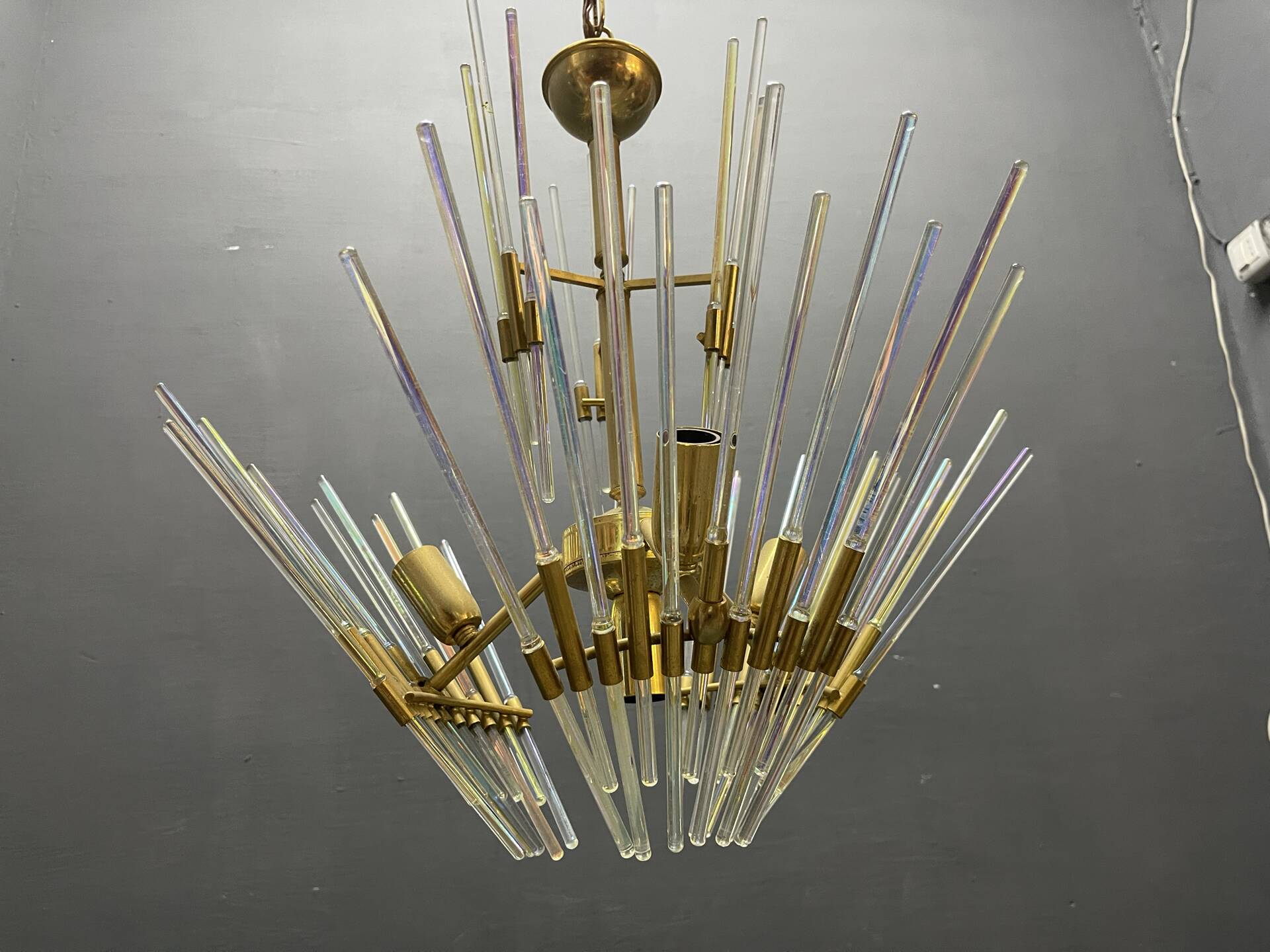 Murano Glass Rod Brass Chandelier, Italy, 1970s
