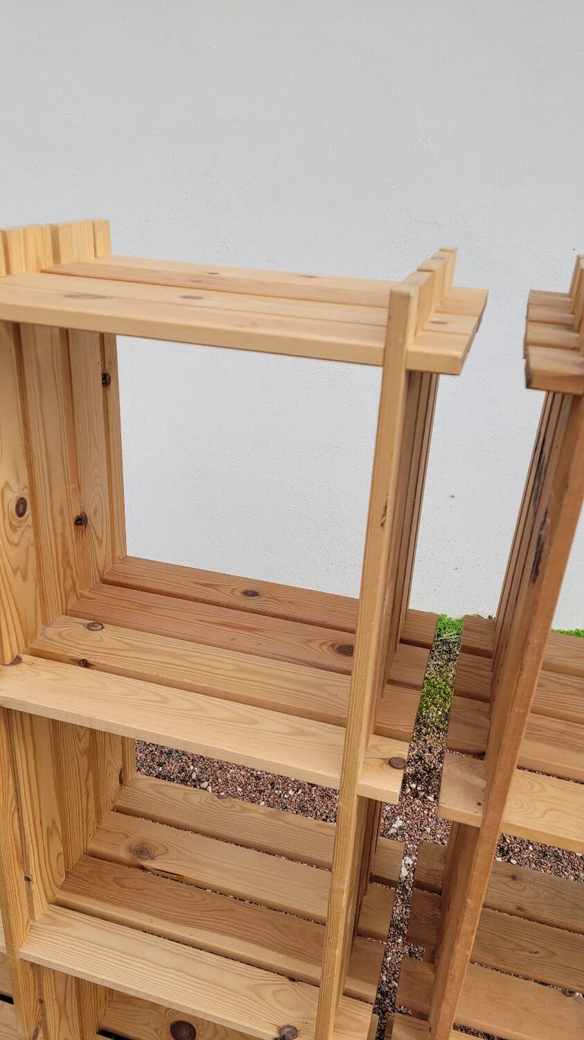 Pair of vintage pine "staircase" bookcase shelves - 1970s