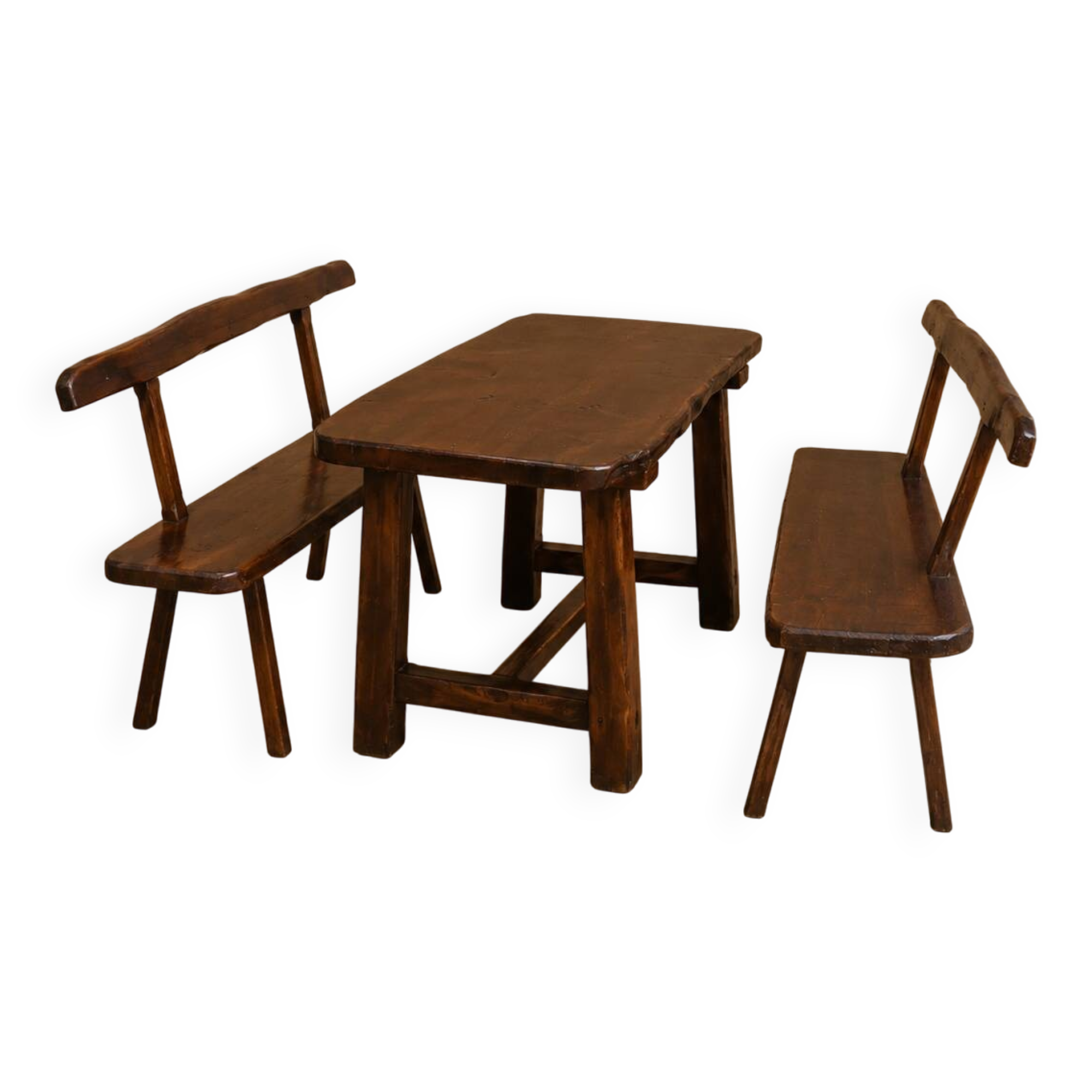 Dining table + 2 brutalist benches in vintage 1950s elm.