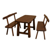 Dining table + 2 brutalist benches in vintage 1950s elm.