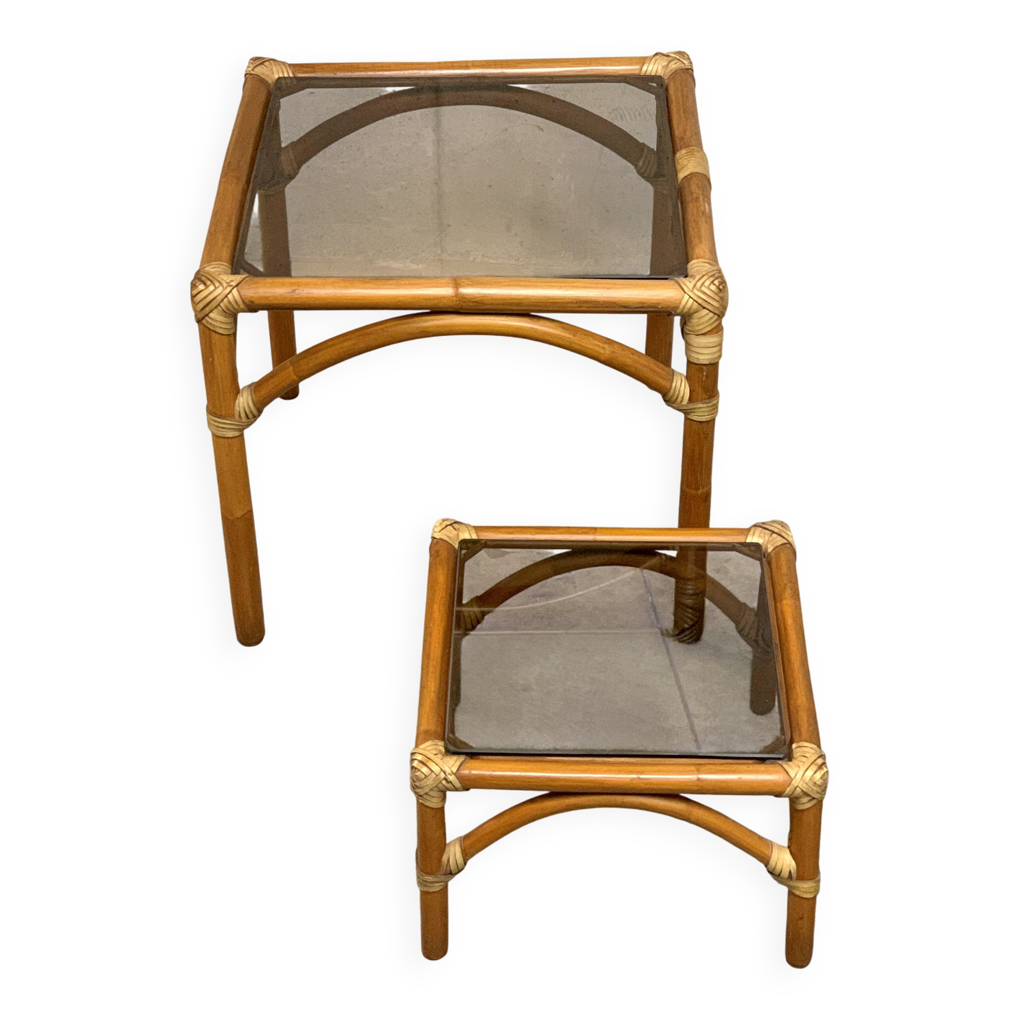 Rattan and smoked glass coffee table set