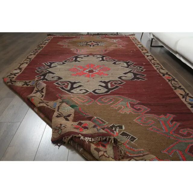 1970s Vintage Turkish Oushak Handmade Wool Cotton Red Area Rug 190x375