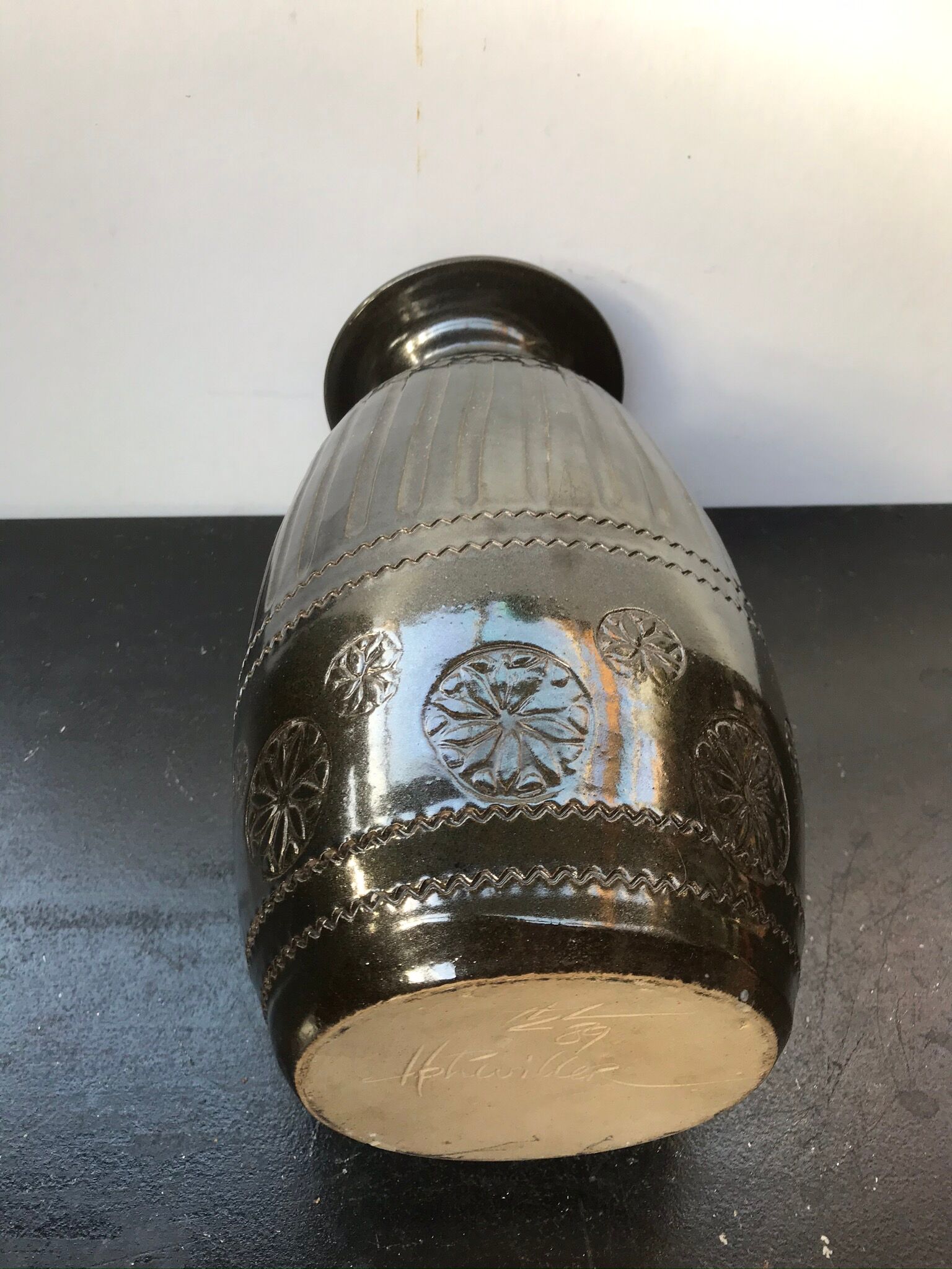 Former Black Brown Ceramic Vase Enamelled Signed HOPWILLER Vintage