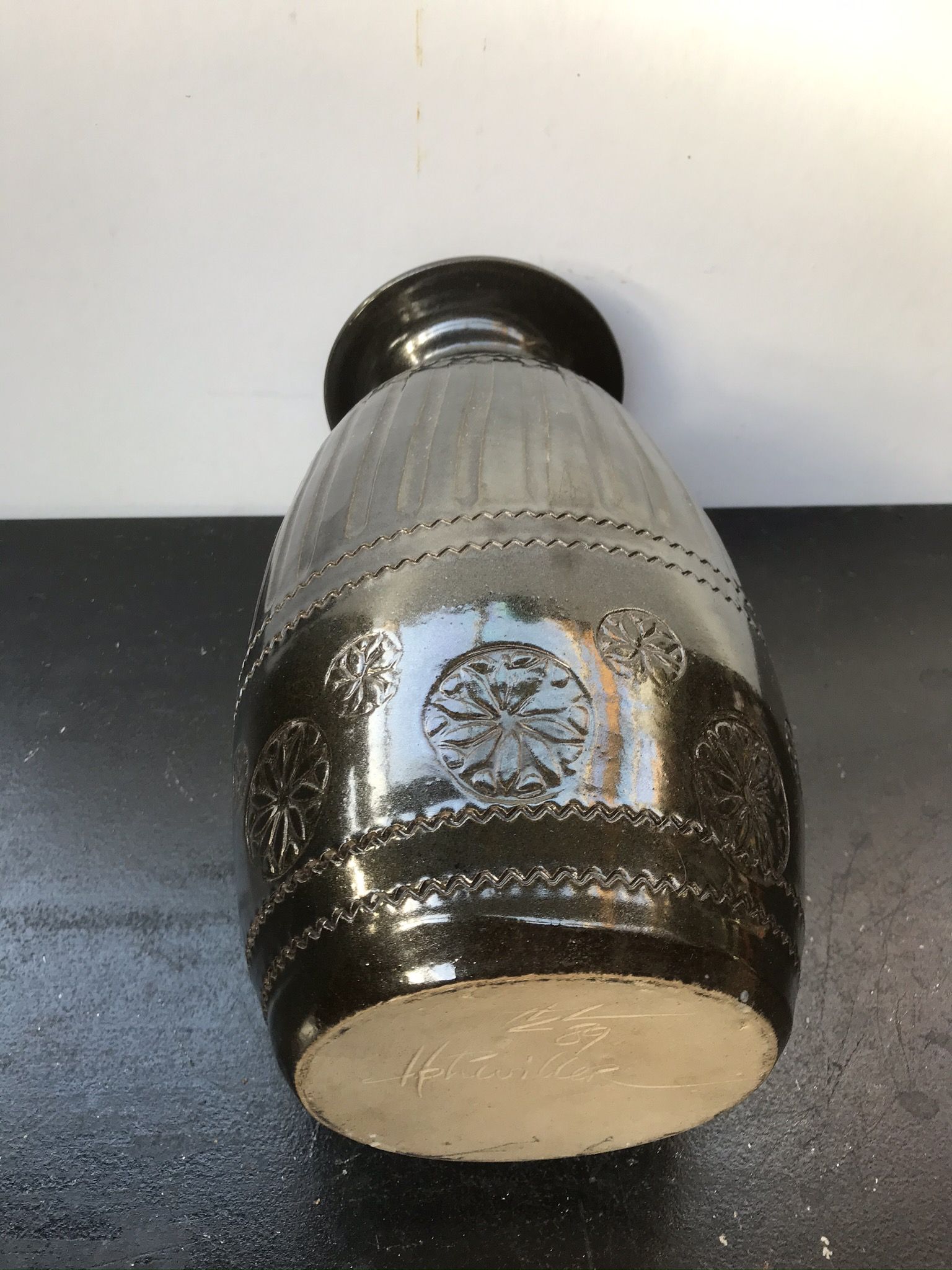 Former Black Brown Ceramic Vase Enamelled Signed HOPWILLER Vintage