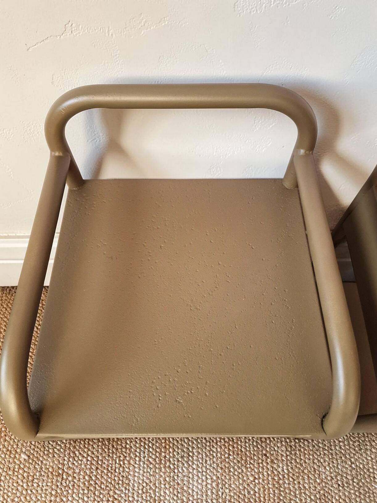 Vintage bedside tables in metal and brown beige wood.