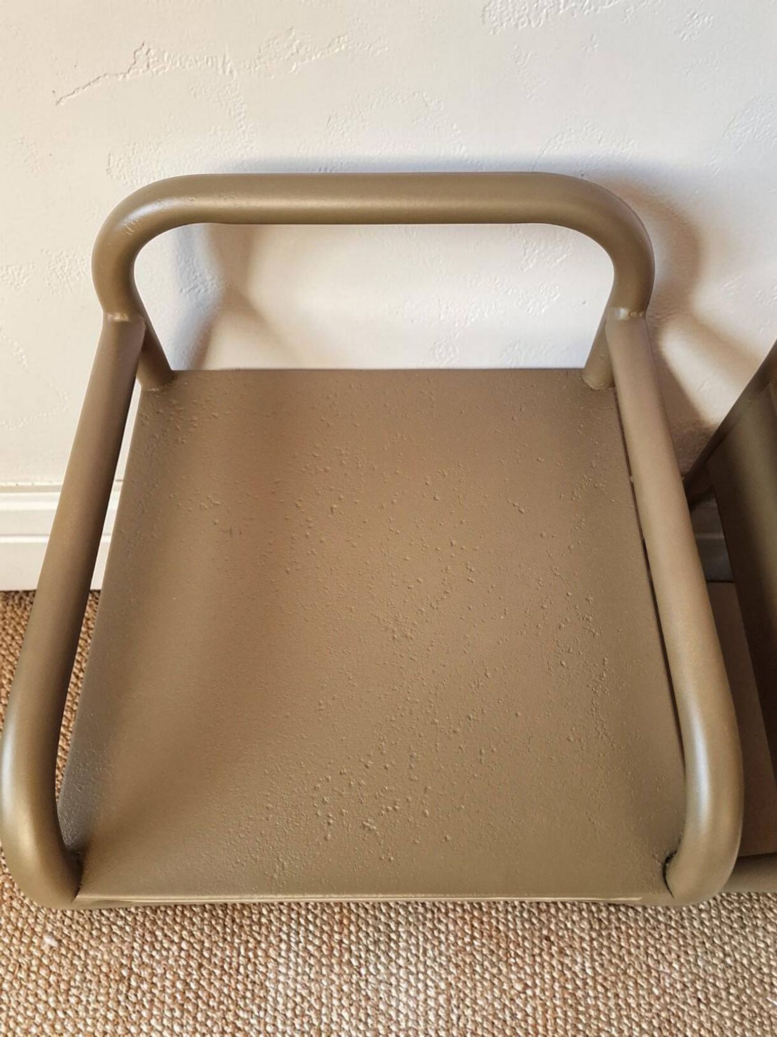 Vintage bedside tables in metal and brown beige wood.