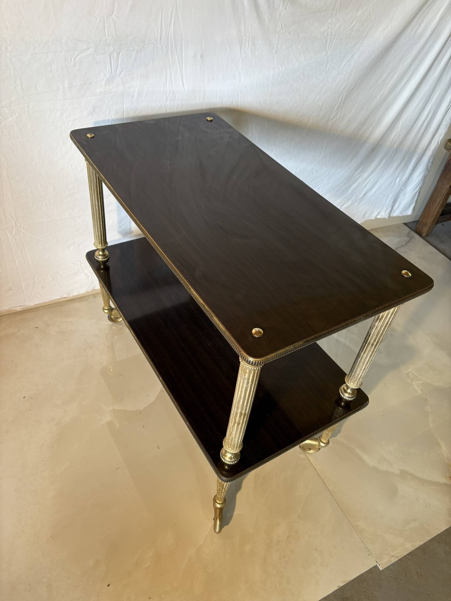 Vintage trolley on wheels, black wood and brass uprights