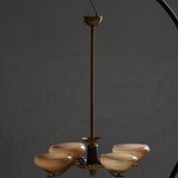 Art Deco chandelier with 4 arms in glass and brass, Sweden, 1940s