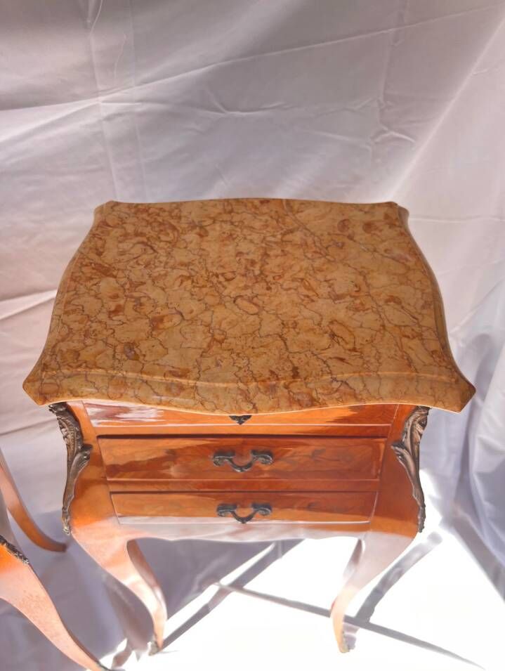 Louis XV Marquetry Bedside Tables, Pair of Vintage French Nightstands
