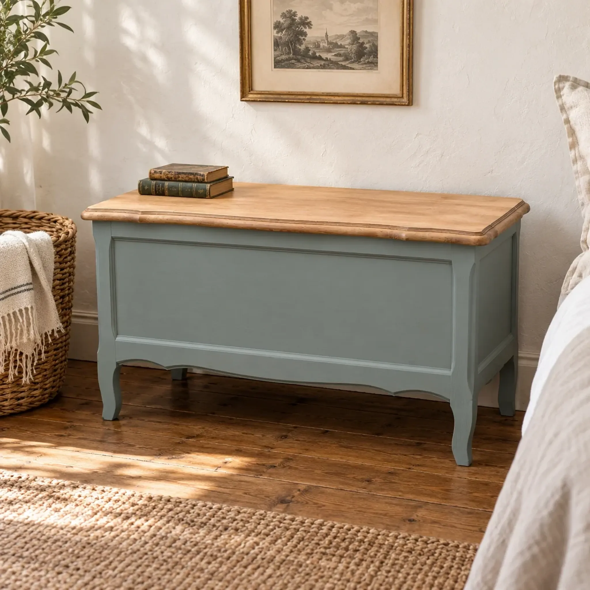 Renovated antique chest in grey-green – natural wood lid – vintage storage 90 cm