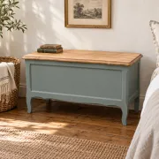 Renovated antique chest in grey-green – natural wood lid – vintage storage 90 cm