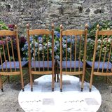 4 vintage Roche Bobois chairs from the 80s in beech with woven seats in blue fabric.