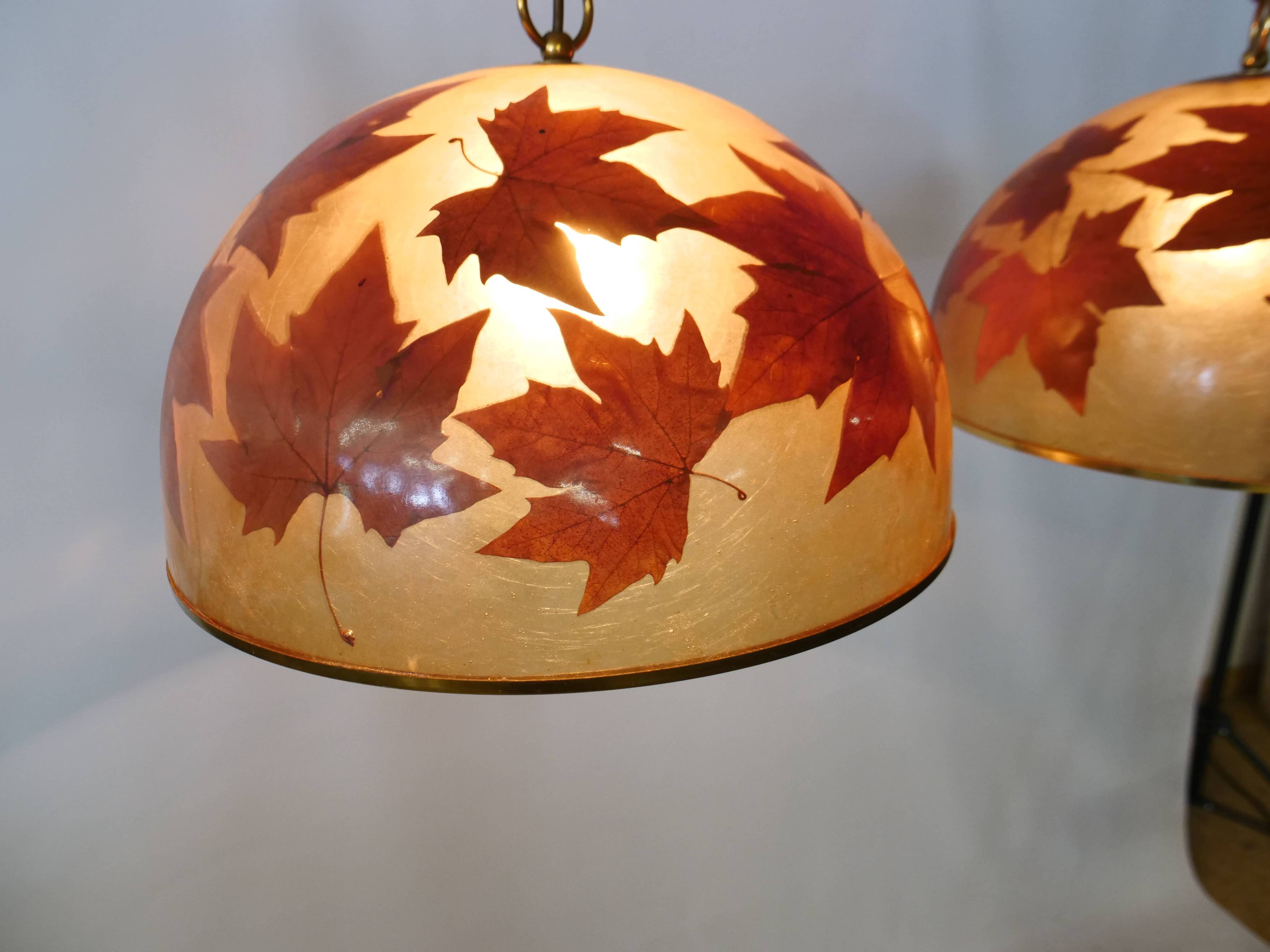 Italian design hanging lamps resin and leaves, 1970s 1980s