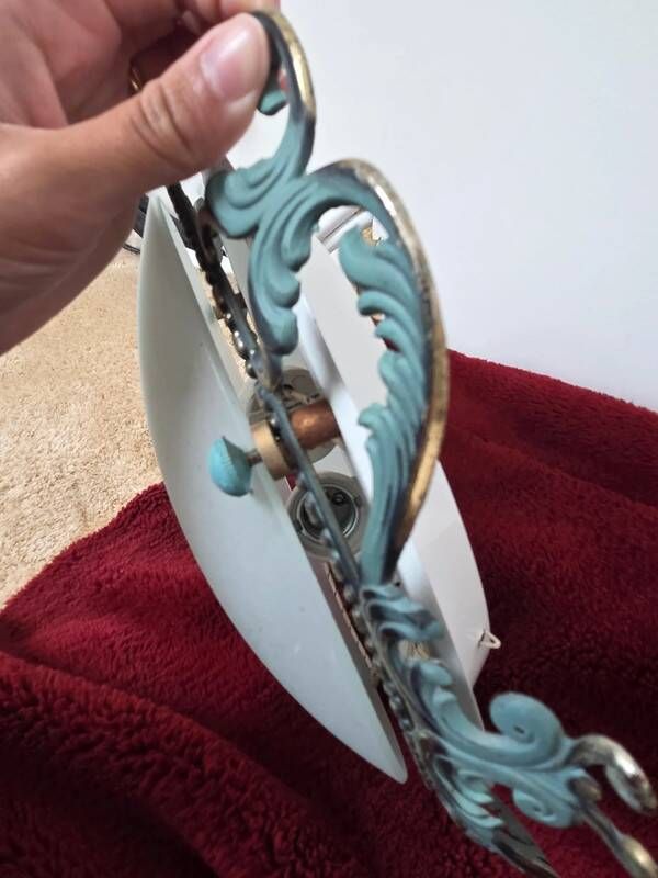 Antique 2-bulb ceiling light from the 30s-40s, art deco, in worked metal and frosted glass