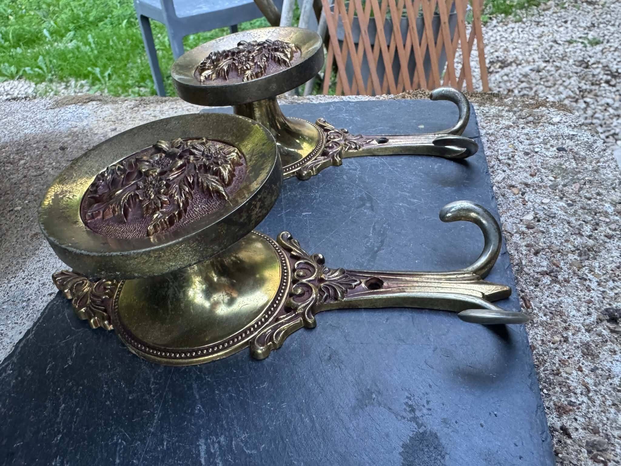 Pair of large solid brass coat hooks vintage Italy