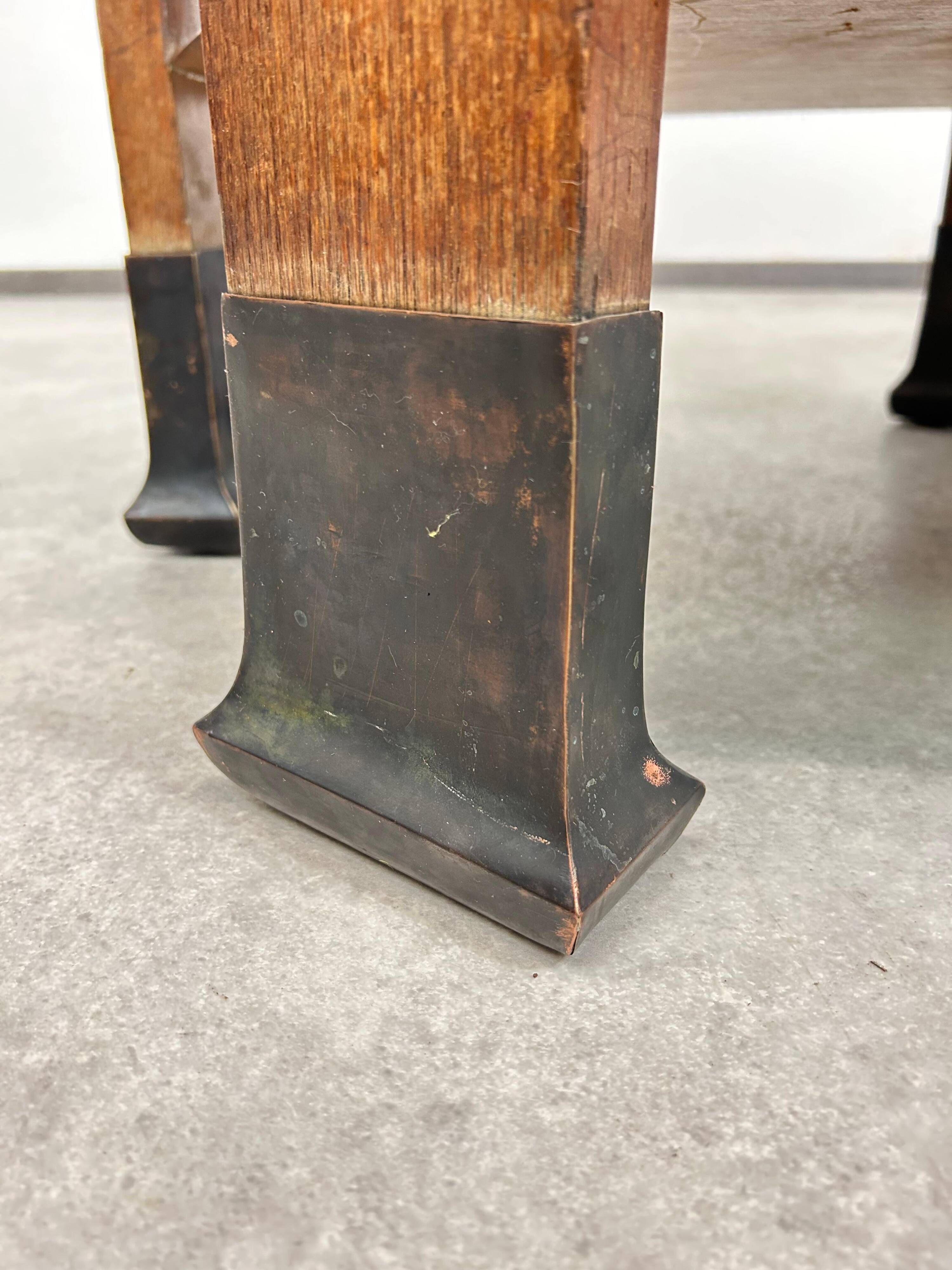 Hexagonal table with six legs in Secession style bordered with brass, attributed to Adolf Loos.