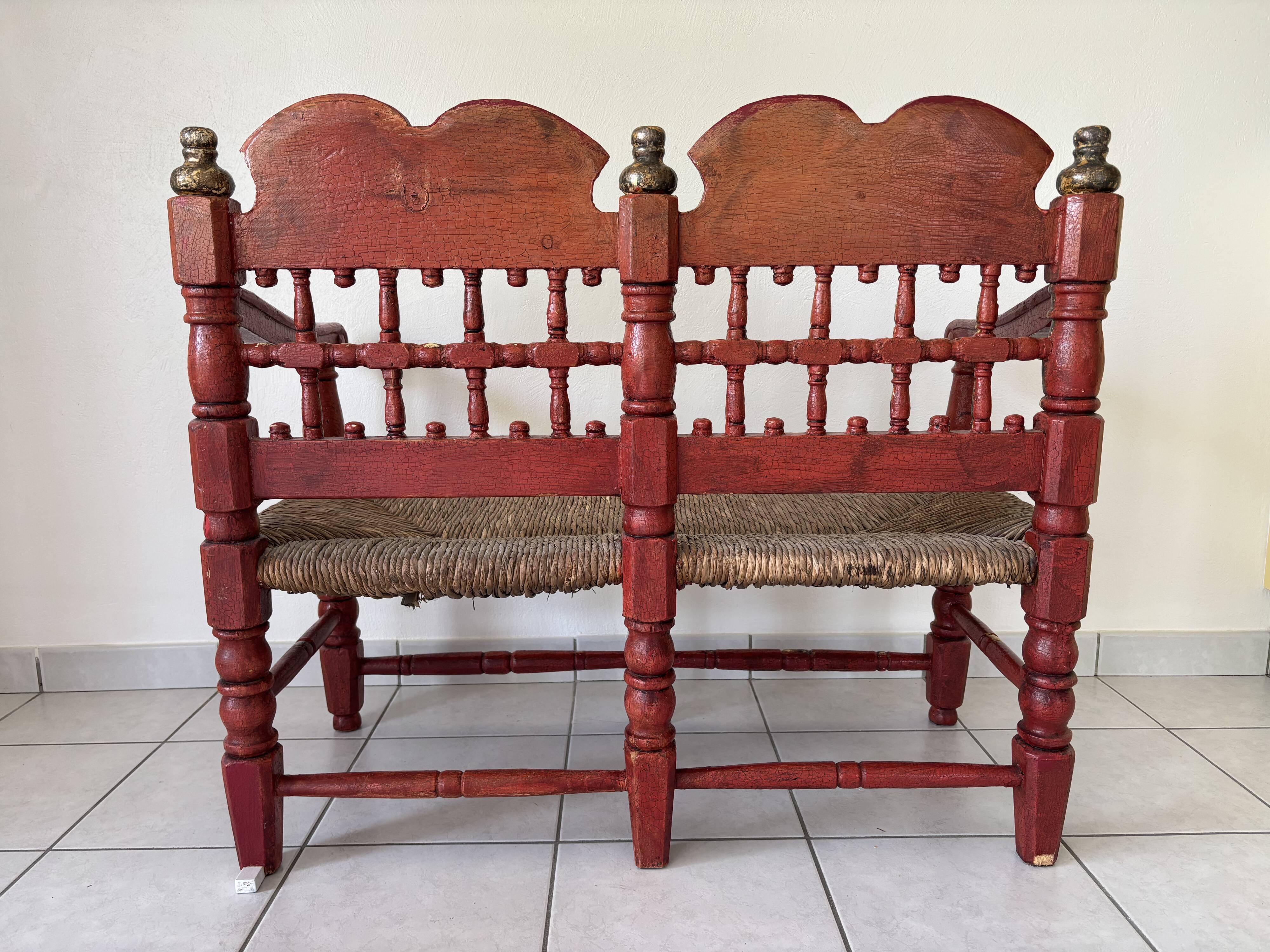 Vintage Spanish low chair in painted wood and straw (Majorca Andalusia)