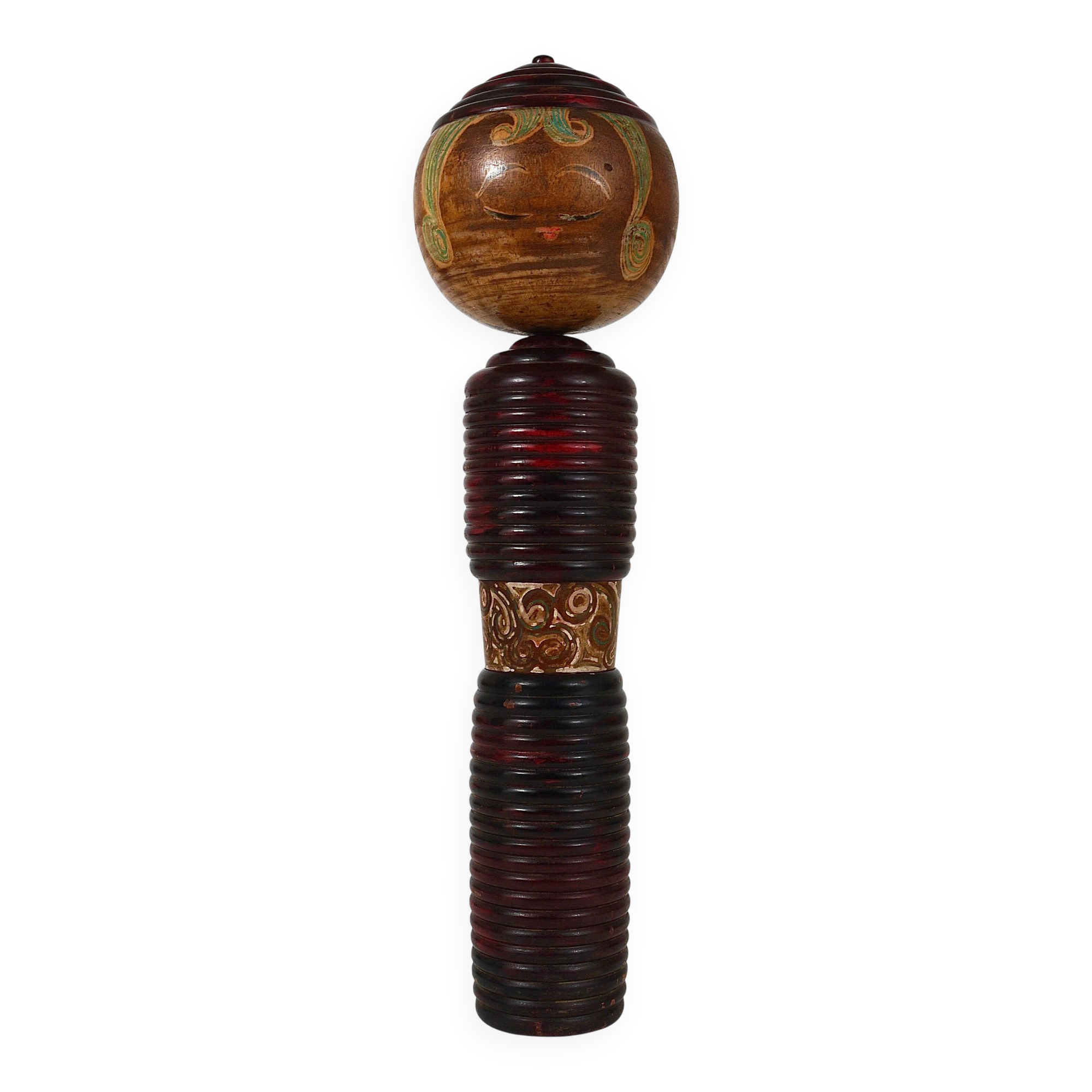 Decorative Kokeshi doll sculpture from northern Japan, hand-painted, signed.