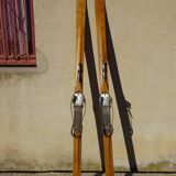 Pair of old wooden skis and metal bindings altiere