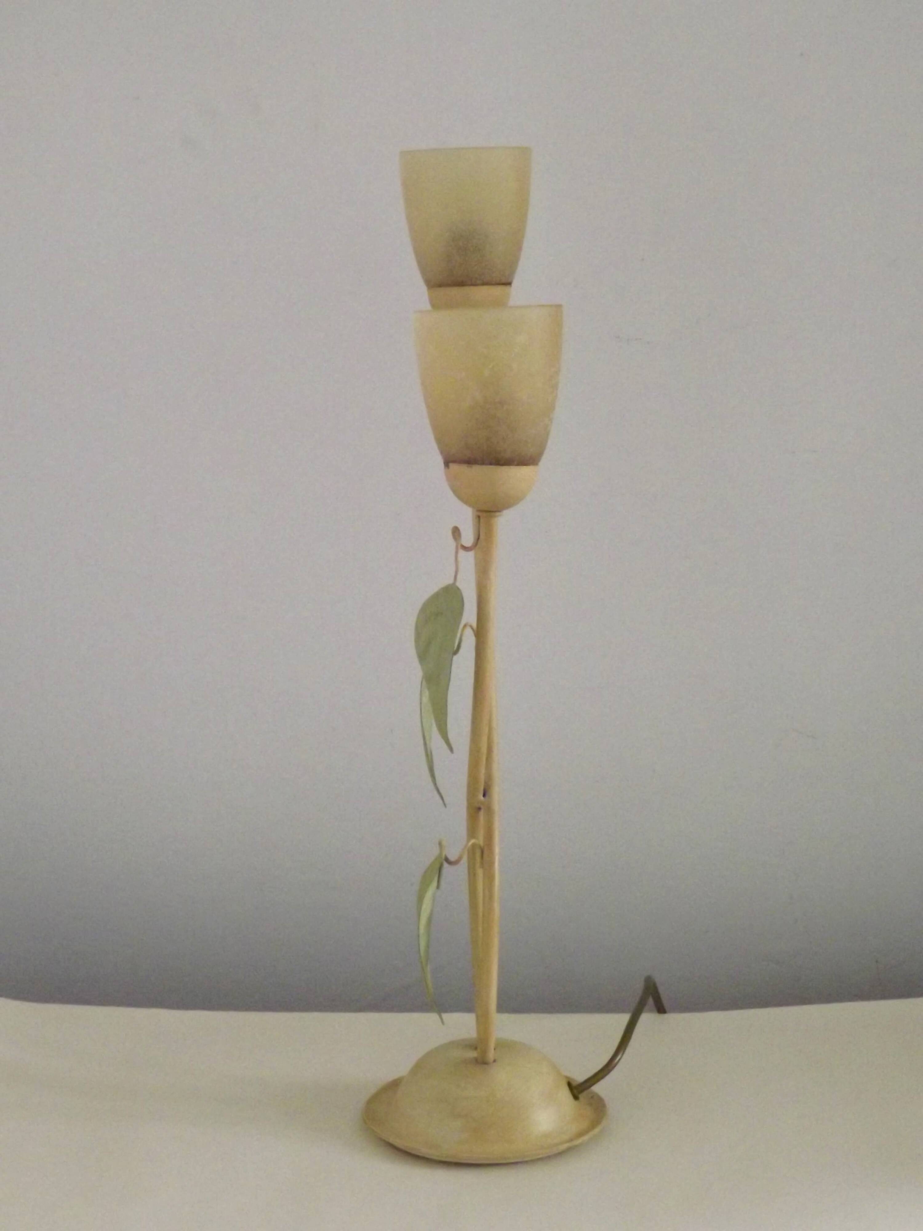 Vintage Italian Double Light Table Lamp Green Leaves Glass Shades