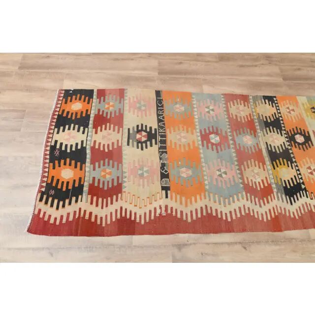 1970s Vintage Turkish Handmade Wool Cotton Orange Kilim Rug 97x295