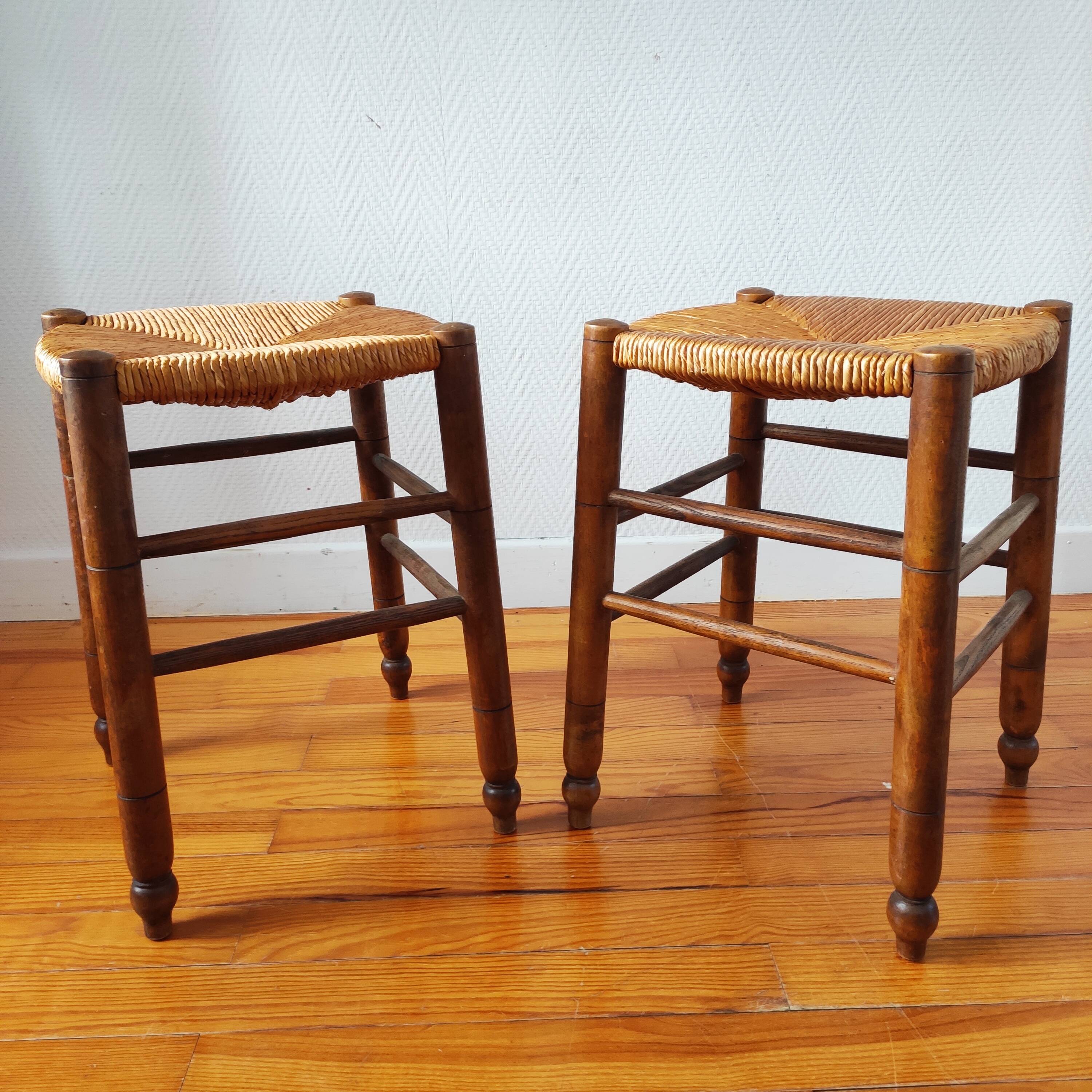 Pair of stools with straw seats, 1960