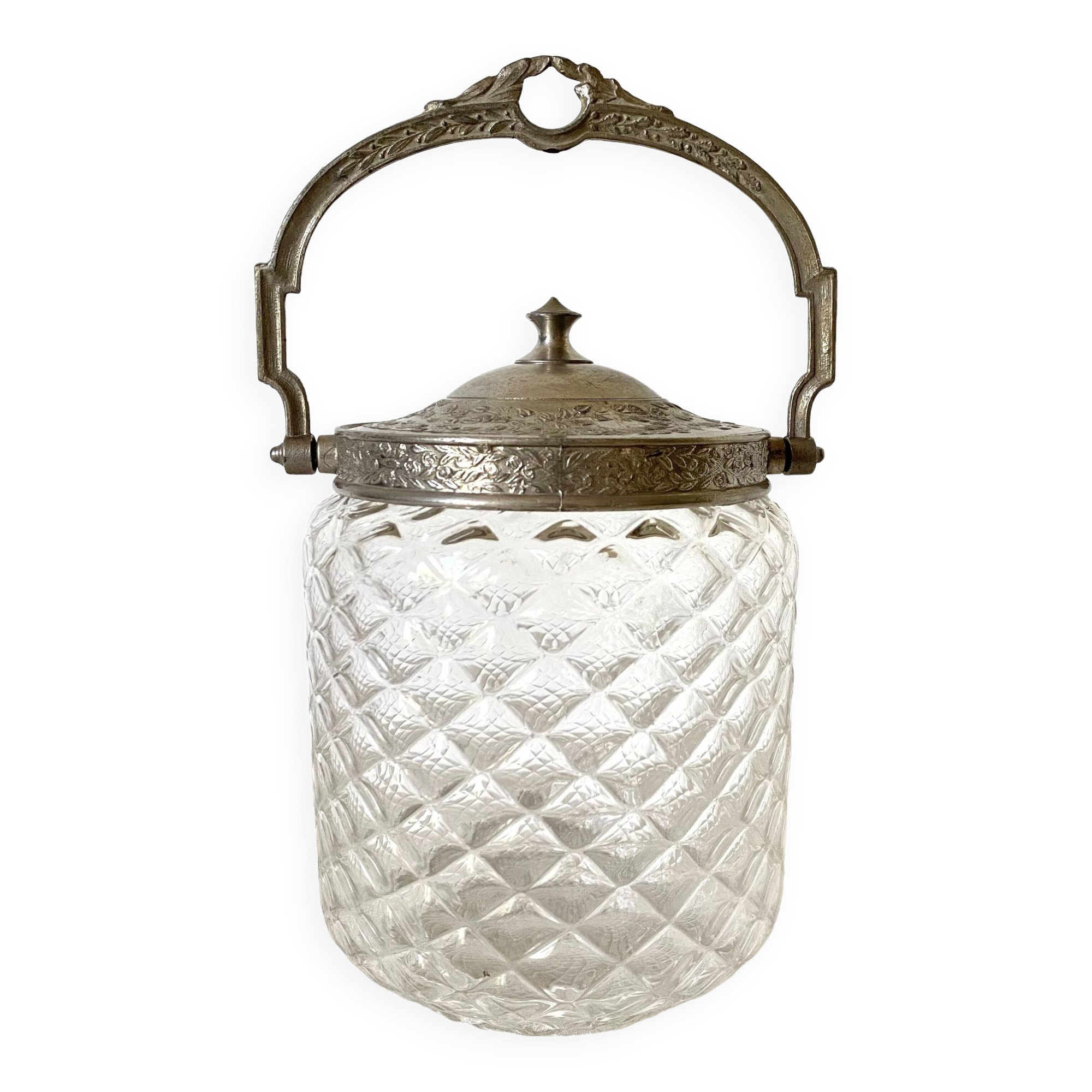 Old biscuit bucket in glass and metal